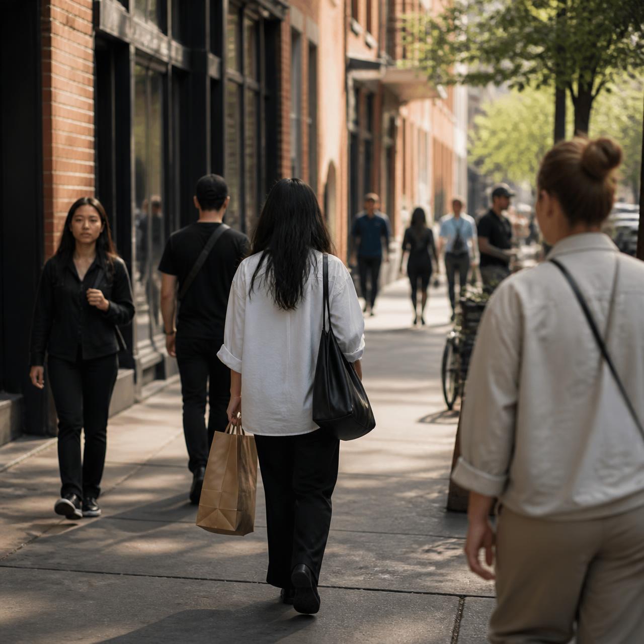 A busy uptown sidewalk of local businesses and passing customers
