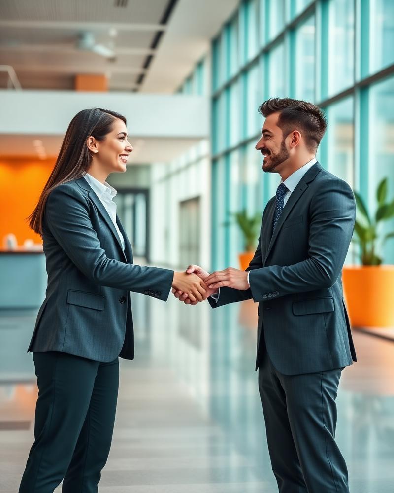 Two professionals shaking hands in a bright modern lobby