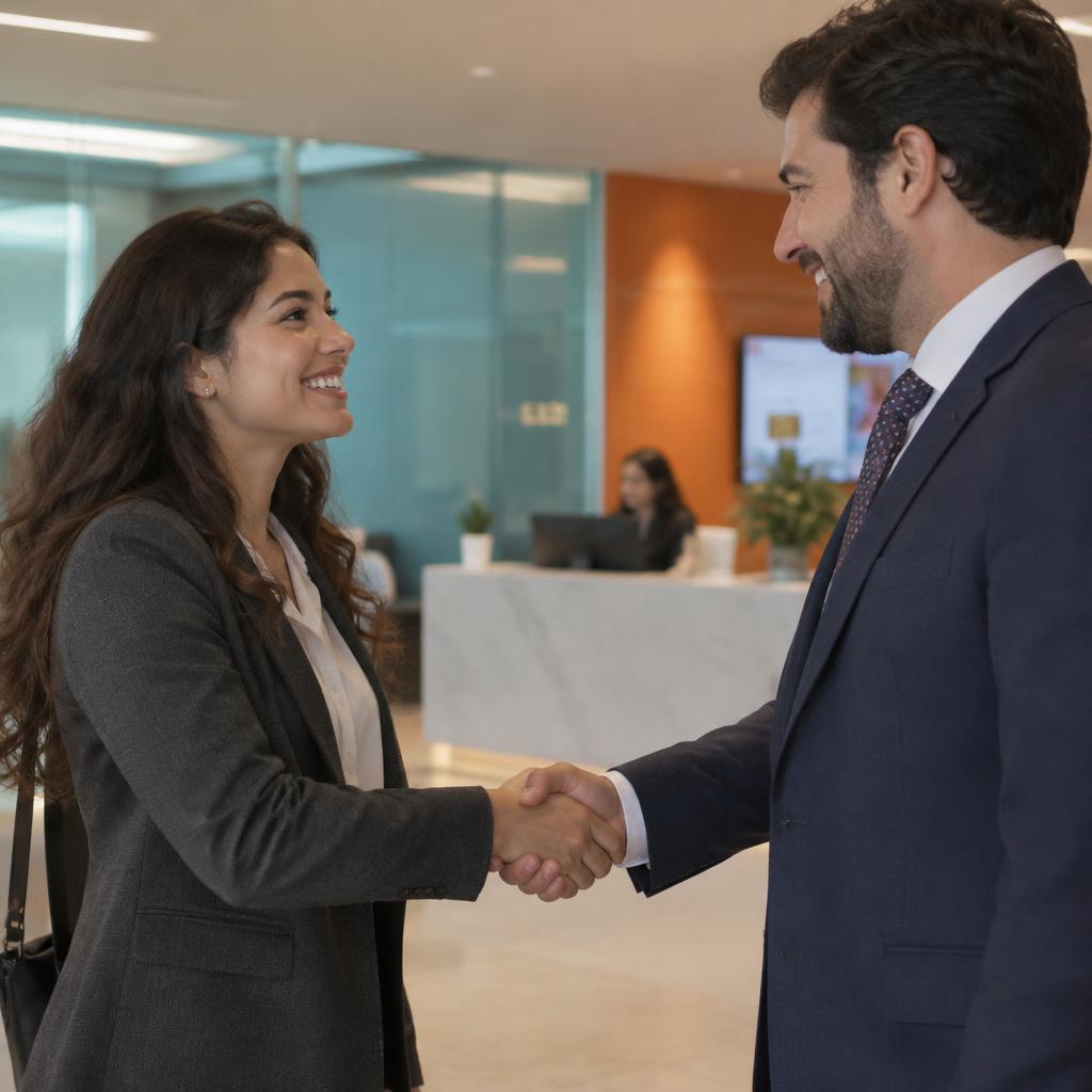 Two professionals shaking hands in a bright modern lobby