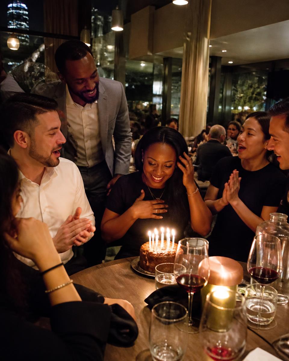 Coworkers celebrating a teammate's birthday over dinner