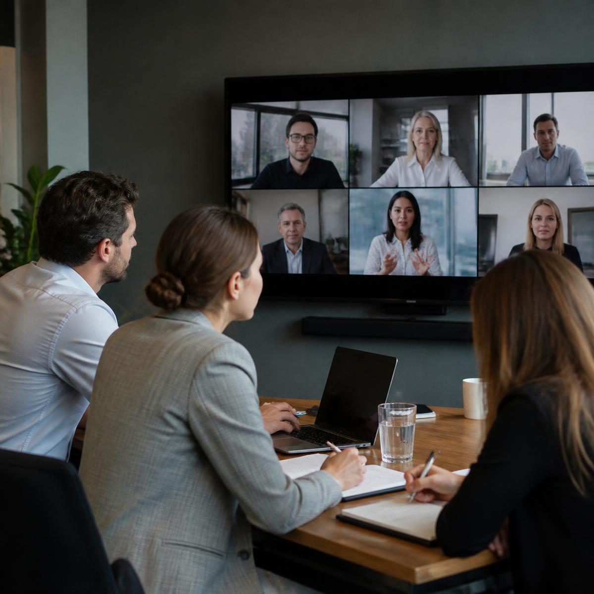 Team participating in a client video meeting from a conference room