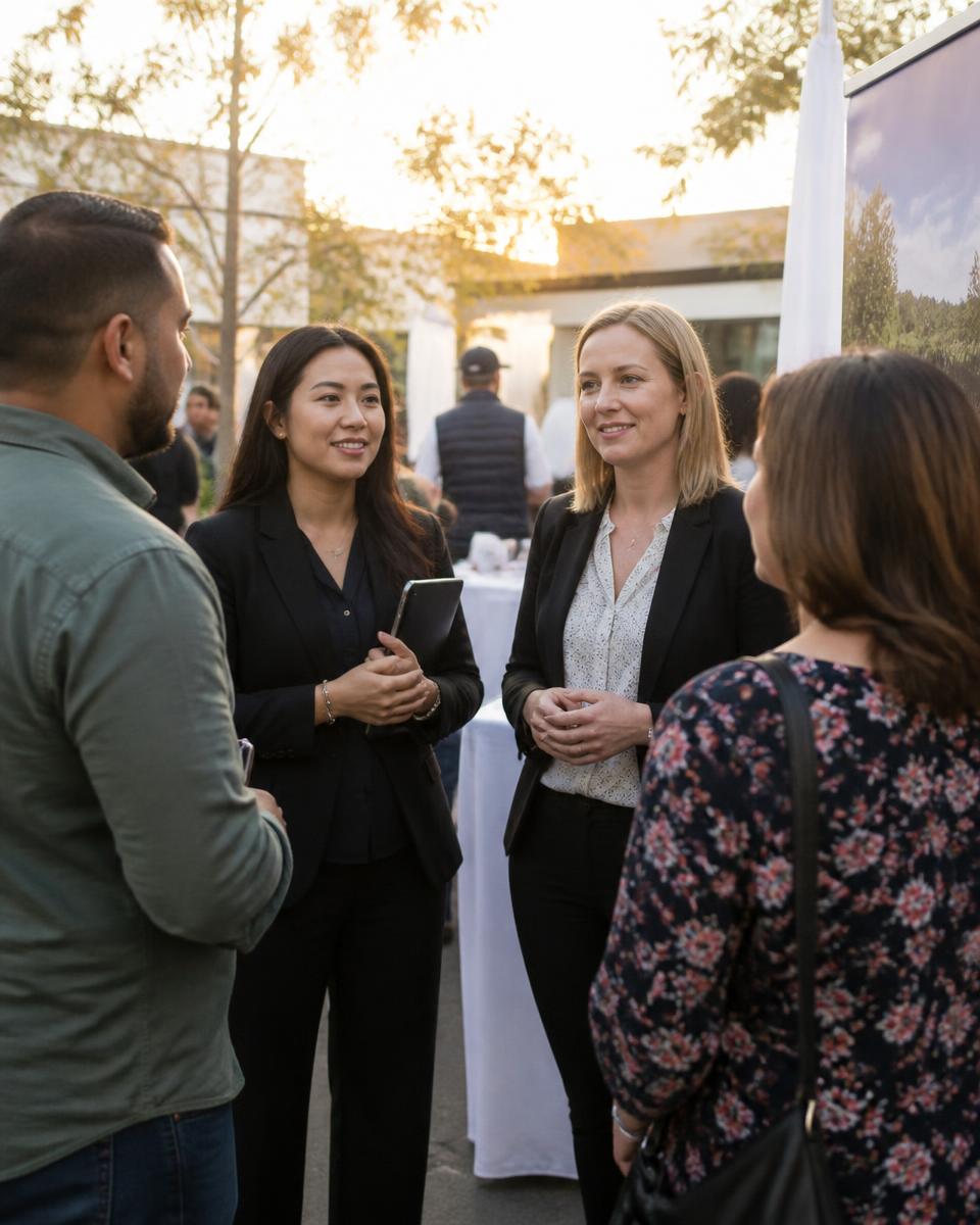 Team members speaking with visitors at a community event