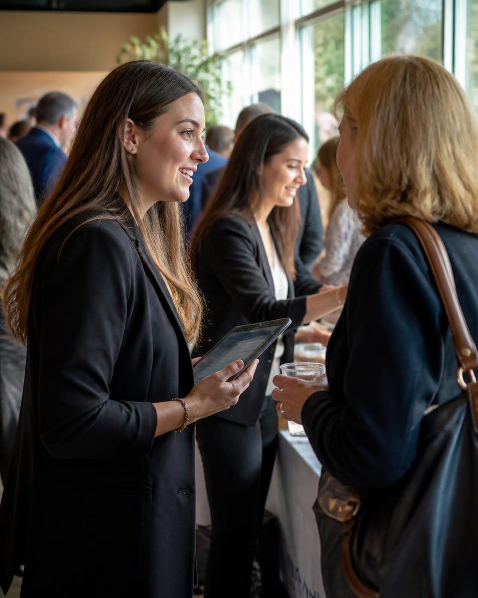 Team member using a tablet while speaking with an event guest
