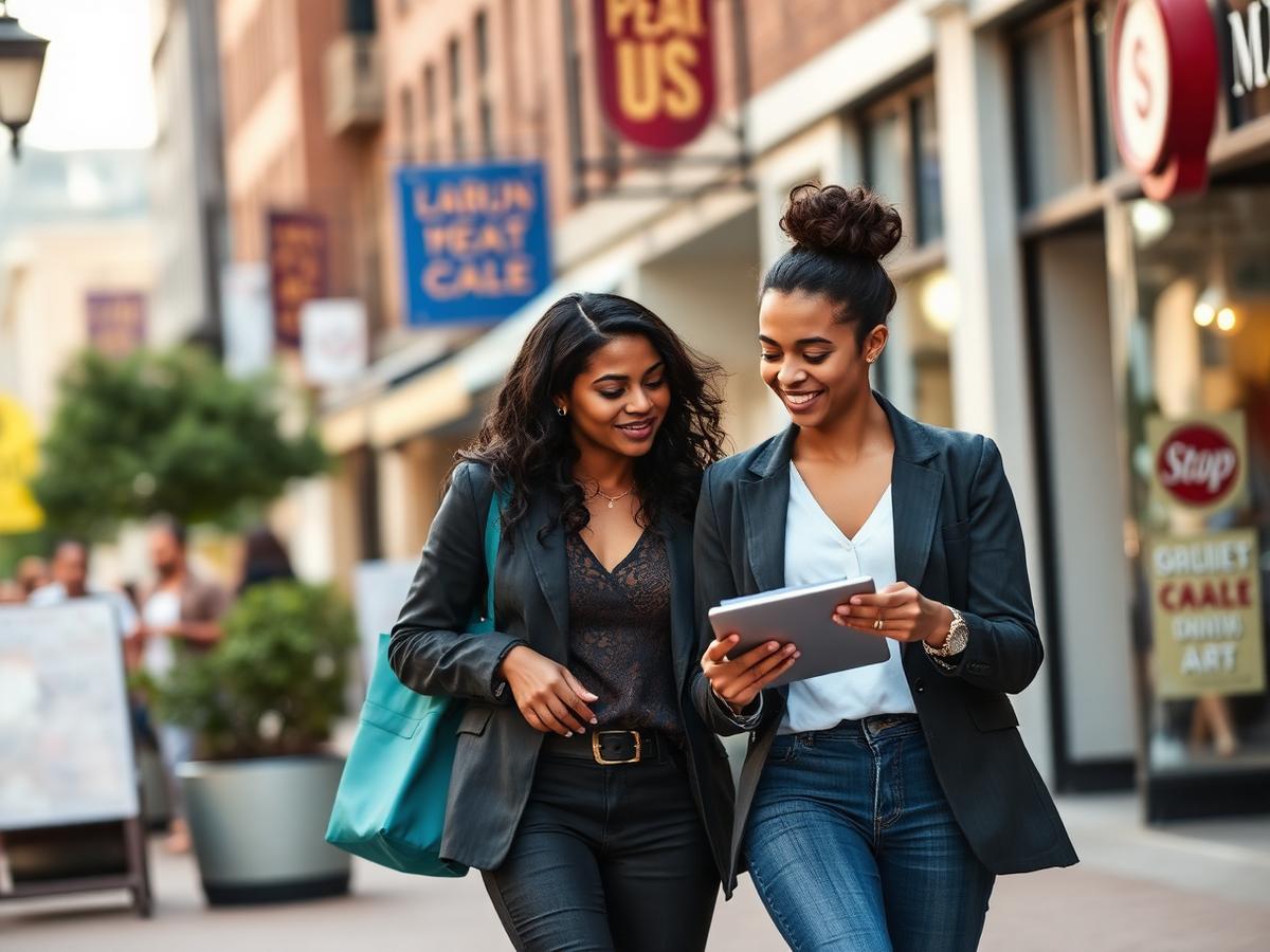 Two team members reviewing local market notes while walking through a retail district